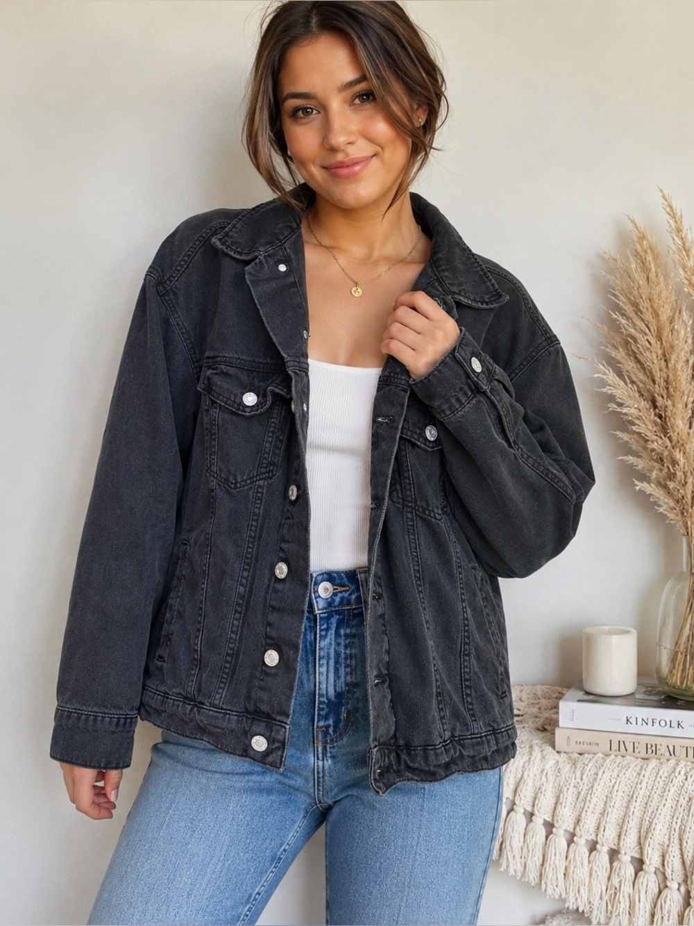 H&M Black Oversized Utility Denim Jacket